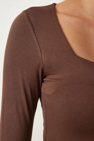 Женская черная коричневая двойная трикотажная блузка с квадратным воротником RX00041