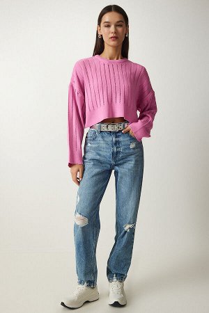 Женский светло-розовый ажурный укороченный вязаный свитер MT00147