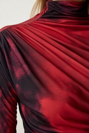 Женская красная драпированная блузка песочного цвета с высоким воротником FF00138