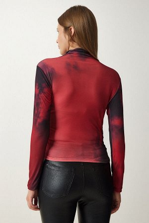 Женская красная драпированная блузка песочного цвета с высоким воротником FF00138