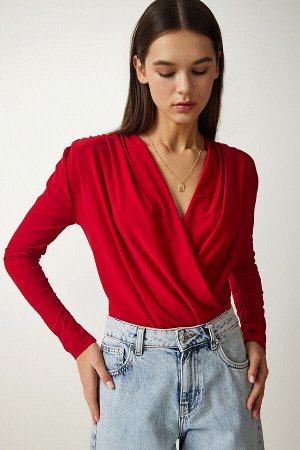 Женская красная трикотажная блузка с запахом и воротником на защелках FF00147