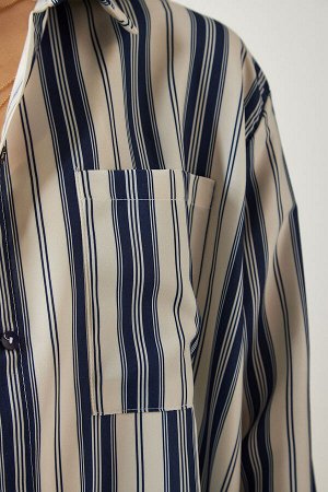 Женская кремовая темно-синяя трикотажная рубашка оверсайз в полоску SF00007