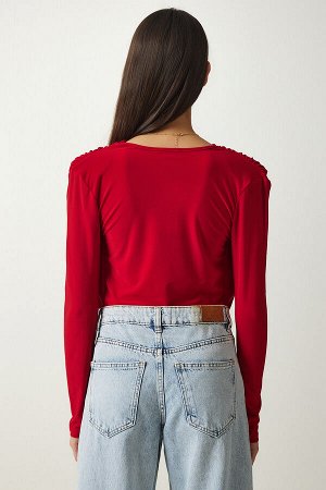 Женская красная трикотажная блузка с запахом и воротником на защелках FF00147