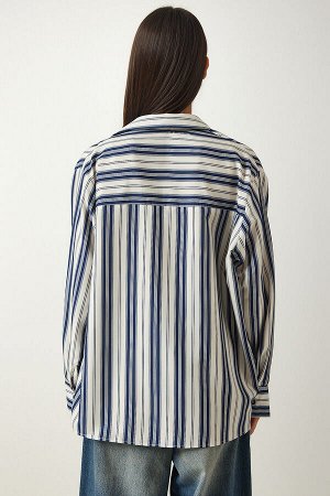 Женская кремовая темно-синяя трикотажная рубашка оверсайз в полоску SF00007