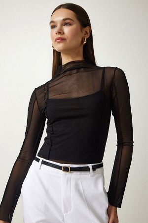 Женская черная прозрачная шифоновая блузка-майка MZ00046