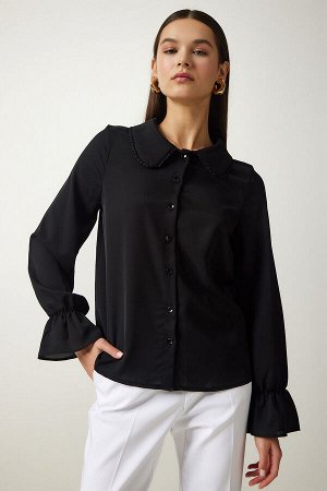 Женская черная тканая рубашка с присборенными рукавами TO00105