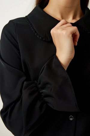 Женская черная тканая рубашка с присборенными рукавами TO00105