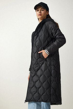 Женское черное стеганое пальто с карманами и капюшоном DD01285