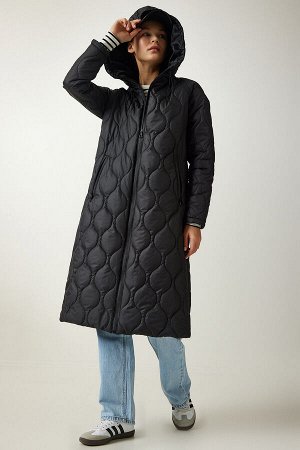 Женское черное стеганое пальто с карманами и капюшоном DD01285