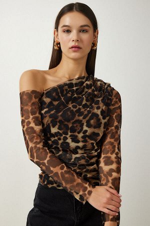 Женская коричневая шифоновая блузка с одним рукавом со сборками FF00149