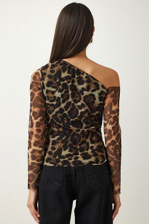 Женская коричневая шифоновая блузка с одним рукавом со сборками FF00149