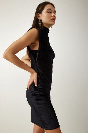 Женское черное стильное бархатное платье с высоким воротником MC00251