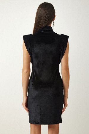 Женское черное стильное бархатное платье с высоким воротником MC00251