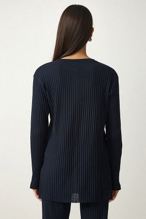Женский комплект из трикотажной блузки и брюк темно-синего цвета на шнуровке OW00008