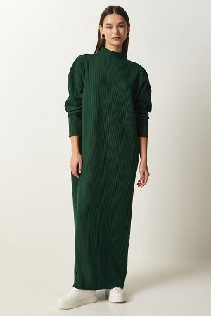 Женское темно-зеленое трикотажное платье большого размера с высоким воротником XN00001