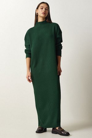 Женское темно-зеленое трикотажное платье большого размера с высоким воротником XN00001