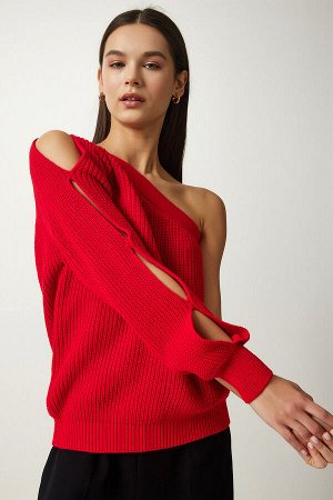 Женский трикотажный свитер с одним рукавом и красным окном PF00059