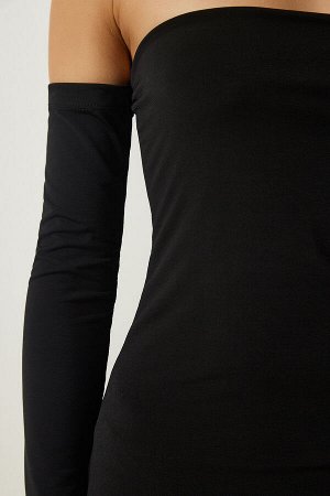 Женское черное платье песочного цвета без бретелек с воротником и разрезом BF00086