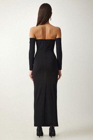 Женское черное платье песочного цвета без бретелек с воротником и разрезом BF00086