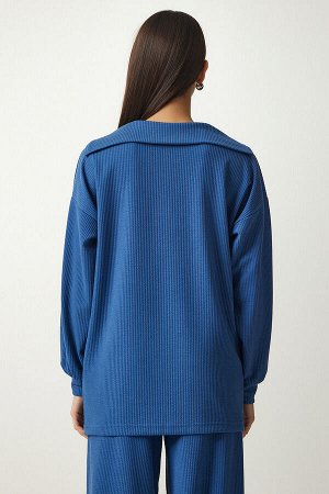 Женский комплект из трикотажной блузки и брюк синего цвета индиго на шнуровке EW00004