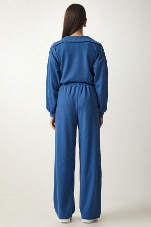 Женский комплект из трикотажной блузки и брюк синего цвета индиго на шнуровке EW00004