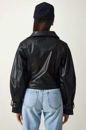 Женская черная кожаная куртка-бомбер с воротником-поло OH00052