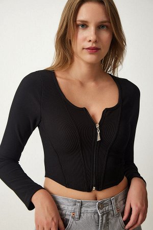 Женская черная укороченная блузка в рубчик на молнии SF00006