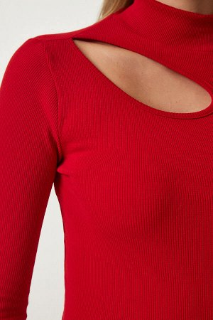 happinessistanbul Женская красная вязаная блузка с вырезами GT00065