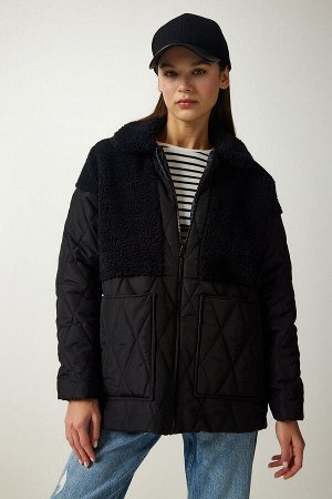 Женское черное плюшевое стеганое пальто с деталями DD01284