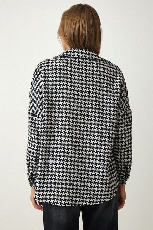 Женская черно-белая куртка-рубашка с узором «гусиные лапки» DD01287