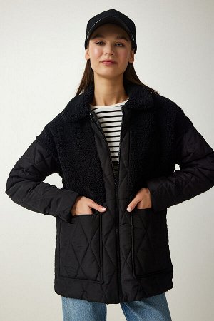Женское черное плюшевое стеганое пальто с деталями DD01284