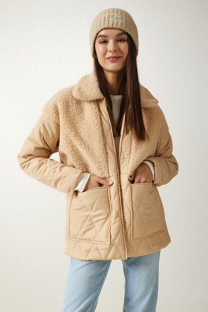 happinessistanbul Женское плюшевое стеганое пальто с отделкой латте DD01284