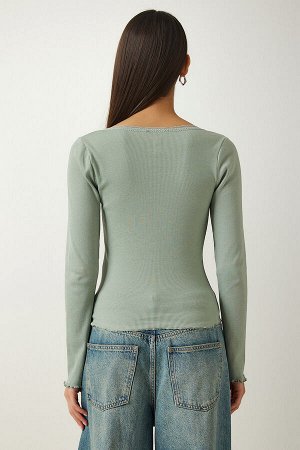 Женская зеленая кружевная трикотажная блузка с деталями AH00156