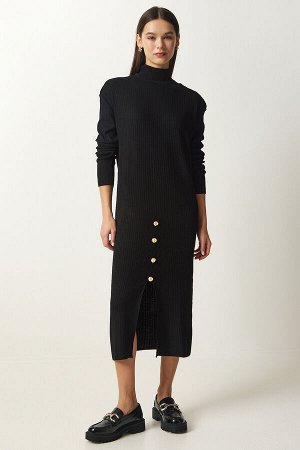 Женское вельветовое трикотажное платье черного цвета с пуговицами DD01280