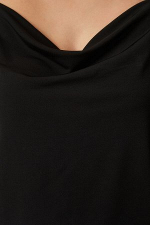 Женская черная вязаная блузка без бретелек с воротником песочного цвета RX00036