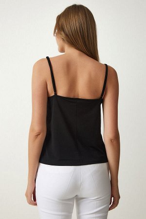 Женская черная вязаная блузка без бретелек с воротником песочного цвета RX00036