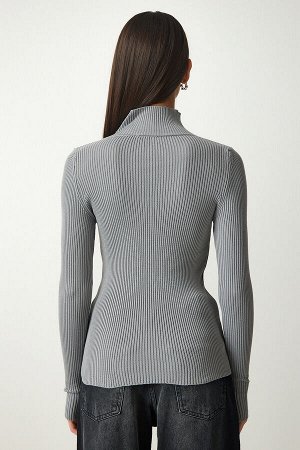 Женский свитер в рубчик с высоким воротником и вырезами под камень FN03165
