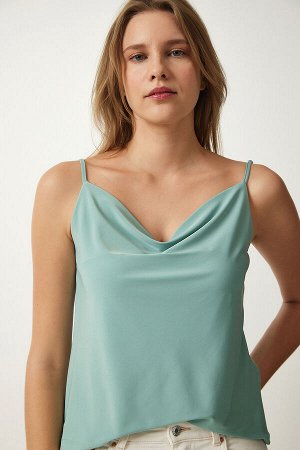 Женская трикотажная блузка цвета морской волны с ремешками на воротнике песочного цвета RX00036