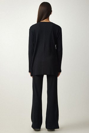 Женский комплект из черной трикотажной блузки и брюк на шнурке OW00008