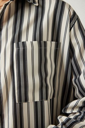 Женская трикотажная рубашка оверсайз кремово-черного цвета в полоску SF00007