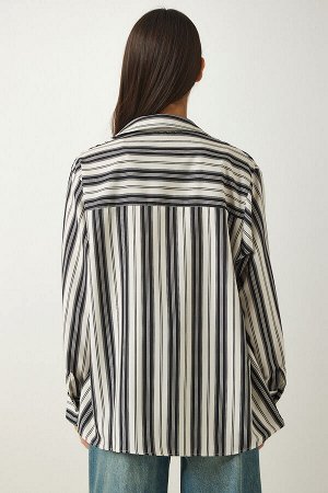 Женская трикотажная рубашка оверсайз кремово-черного цвета в полоску SF00007