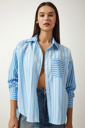 Женская рубашка оверсайз из хлопковой ткани небесно-голубого цвета в полоску SF00009