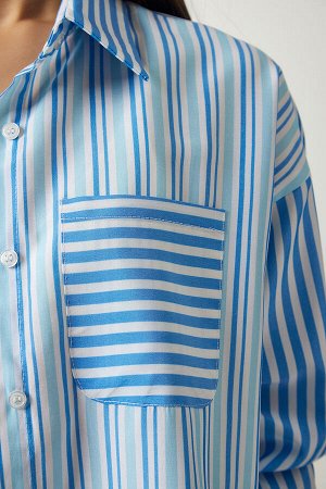 Женская рубашка оверсайз из хлопковой ткани небесно-голубого цвета в полоску SF00009