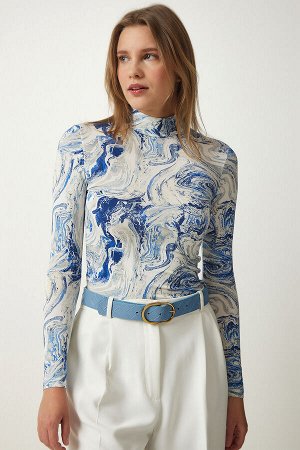 happinessistanbul Женская синяя трикотажная блузка с мягкой текстурой и рисунком RX00038