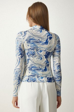 happinessistanbul Женская синяя трикотажная блузка с мягкой текстурой и рисунком RX00038