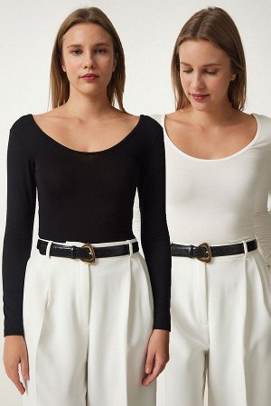 Женская черно-белая двойная вискозная трикотажная блузка с широким U-образным вырезом RX00045
