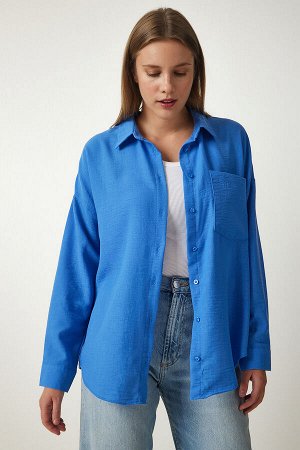 Женская синяя льняная рубашка oversize Airobin DD01222