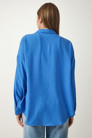 Женская синяя льняная рубашка oversize Airobin DD01222