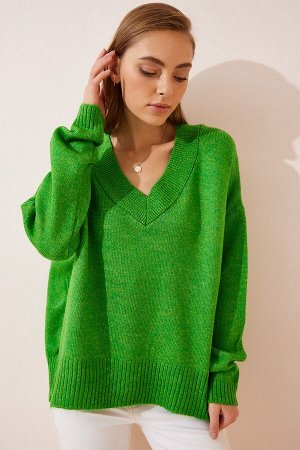 Женский светло-зеленый вязаный свитер оверсайз с v-образным вырезом BV00003