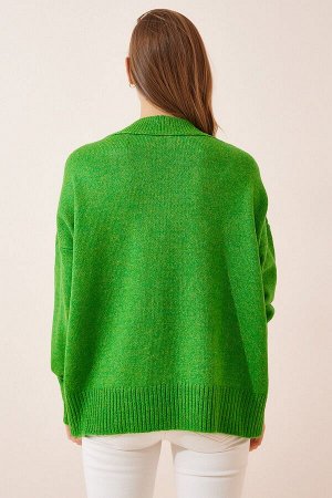 Женский светло-зеленый вязаный свитер оверсайз с v-образным вырезом BV00003